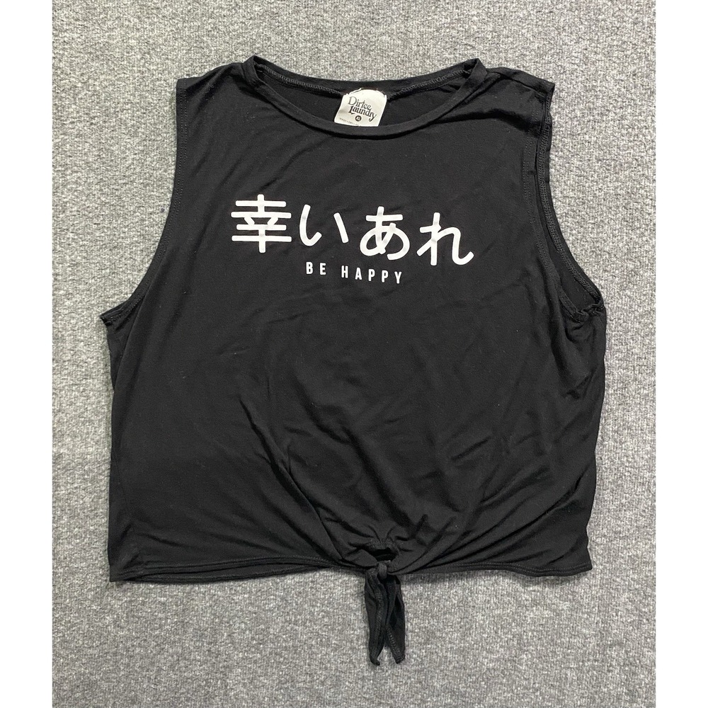 Dirtee Laundry Be Happy Graphic Tie Front Tank Top Black Womens XL